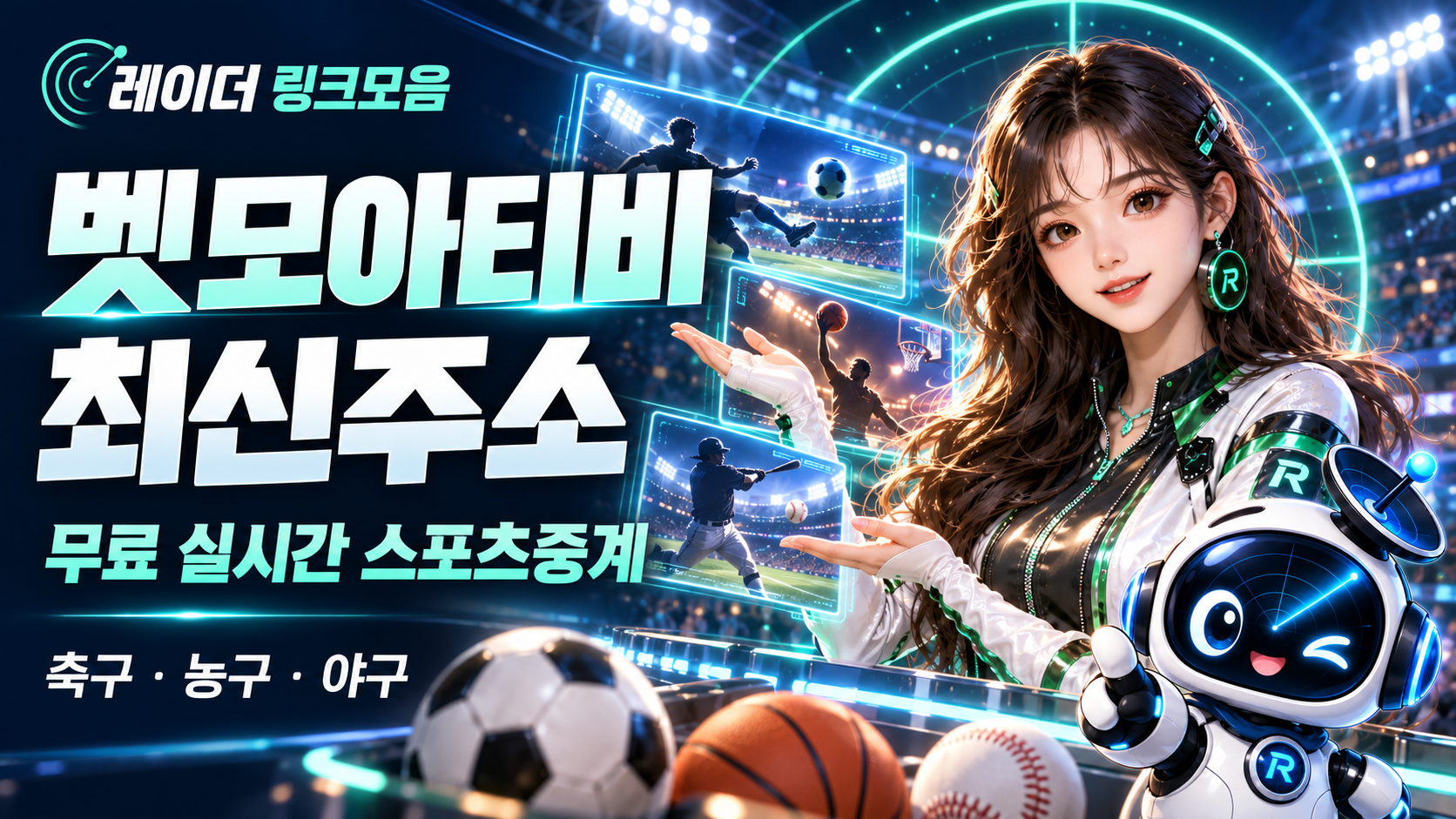 레이더 여자 캐릭터와 로봇, 축구·농구·야구 장면으로 구성한 벳모아티비 최신주소 안내 대표이미지