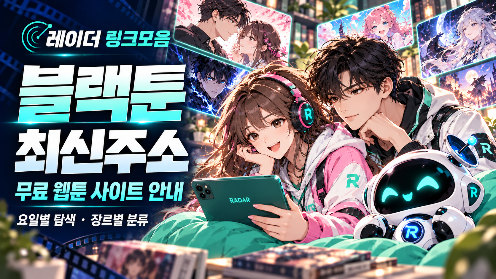 웹툰 장면을 배경으로 태블릿을 보는 레이더 남녀 캐릭터와 로봇 마스코트, 블랙툰 최신주소 안내 문구