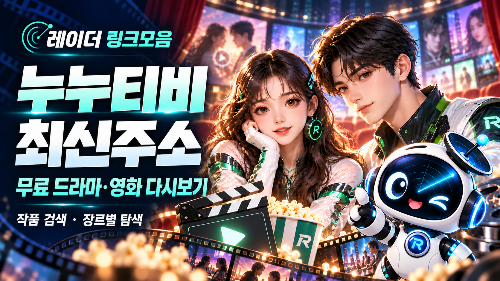 영화관 배경의 레이더 남녀 캐릭터와 로봇 마스코트, 누누티비 최신주소 및 무료 드라마·영화 다시보기 안내 문구